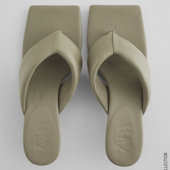 ZARA Quilted Leather Kitten Heels Sandals Green - Picture 2 of 4